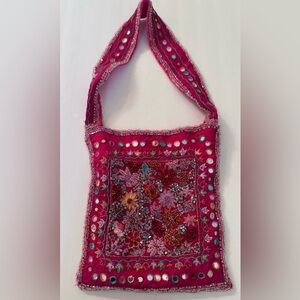 Beaded Embroidered Mini Tote BAG pink Floral KISS Lock Boho Festival Handbag